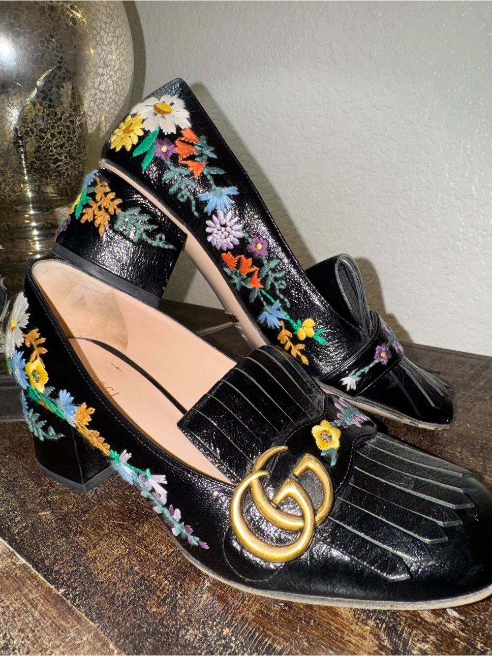 Gucci Black Leather Floral Embroidered Block Heel Loafers